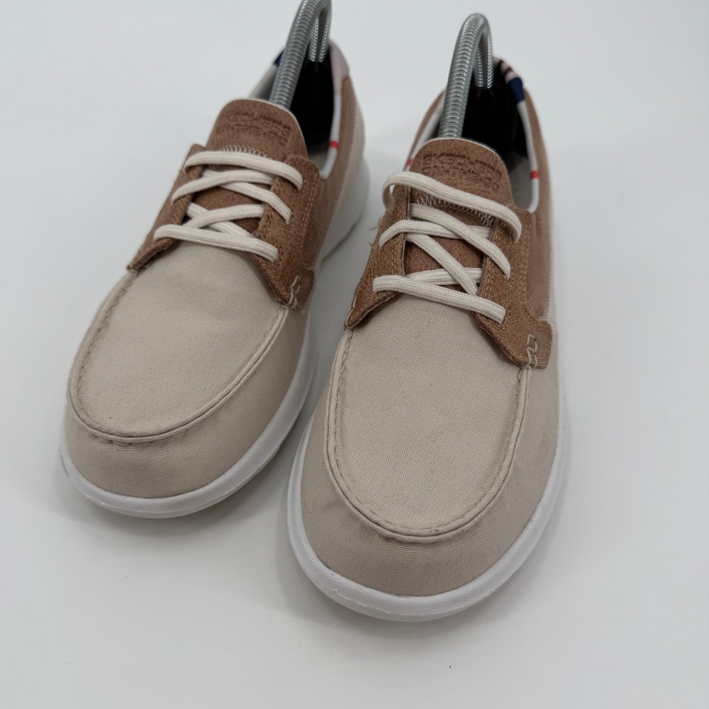 Skechers On-The-Go Women Beige Tan Boat Shoes Goga Mat Canvas Loafers Comfort